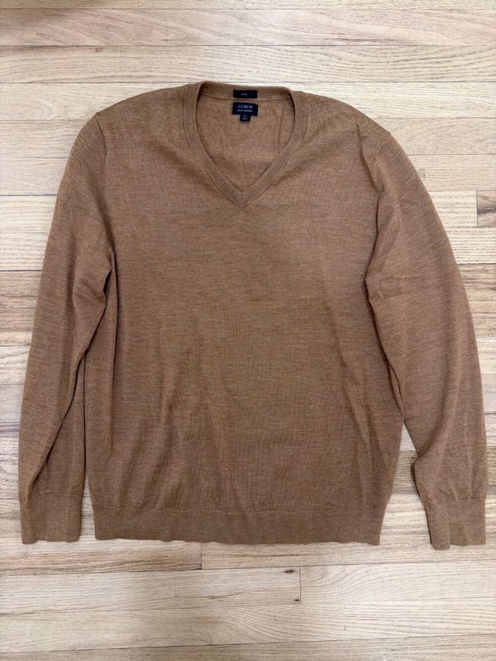 J.Crew Mens 100% Merino Wool V-Neck Sweater Large Slim Camel Tan
